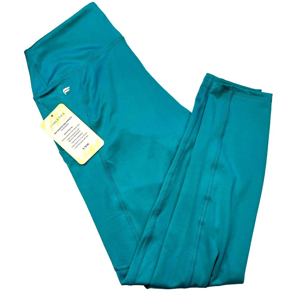 Fabletics NWT High-Waisted Side Pockets 7/8 Leggings Teal Blue Size Large